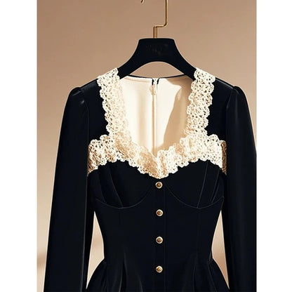 Blusas de retazos de encaje de estilo francés Vintage con estilo para mujer, camisas ajustadas elegantes de lujo con cuello cuadrado, Tops negros de manga larga