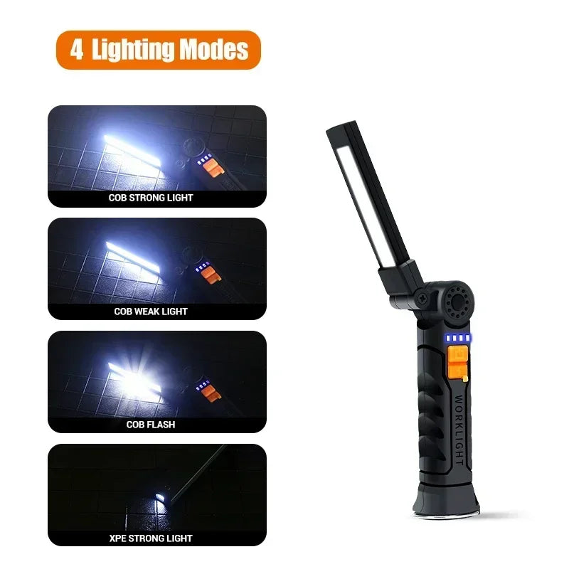 Portable COB LED Lantern, USB Rechargeable Work Light, Magnetic Hanging Lamp with Built-in Battery, Camping Flashlight