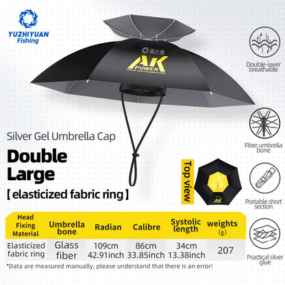 Portable folding umbrella, UPF 50+ hat, UV protection, hands-free umbrella, 7 ribs, waterproof, for fishing and gardening