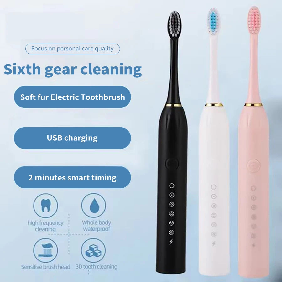 Cepillo de dientes eléctrico ultrasónico, modo de seis velocidades, pelo suave para el hogar, carga USB, limpiador de dientes impermeable para adultos, juego automático para parejas