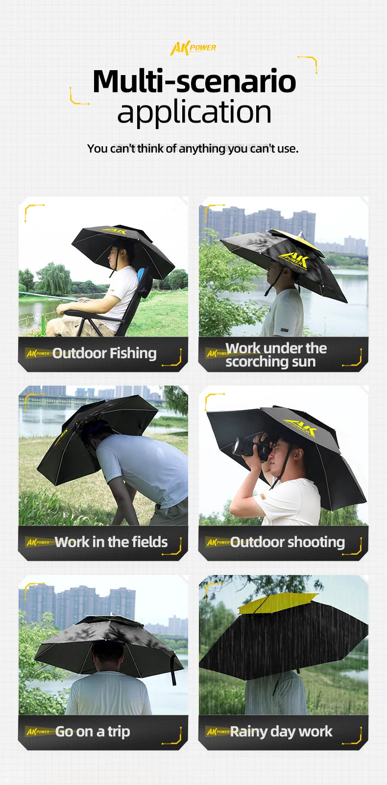 Portable folding umbrella, UPF 50+ hat, UV protection, hands-free umbrella, 7 ribs, waterproof, for fishing and gardening