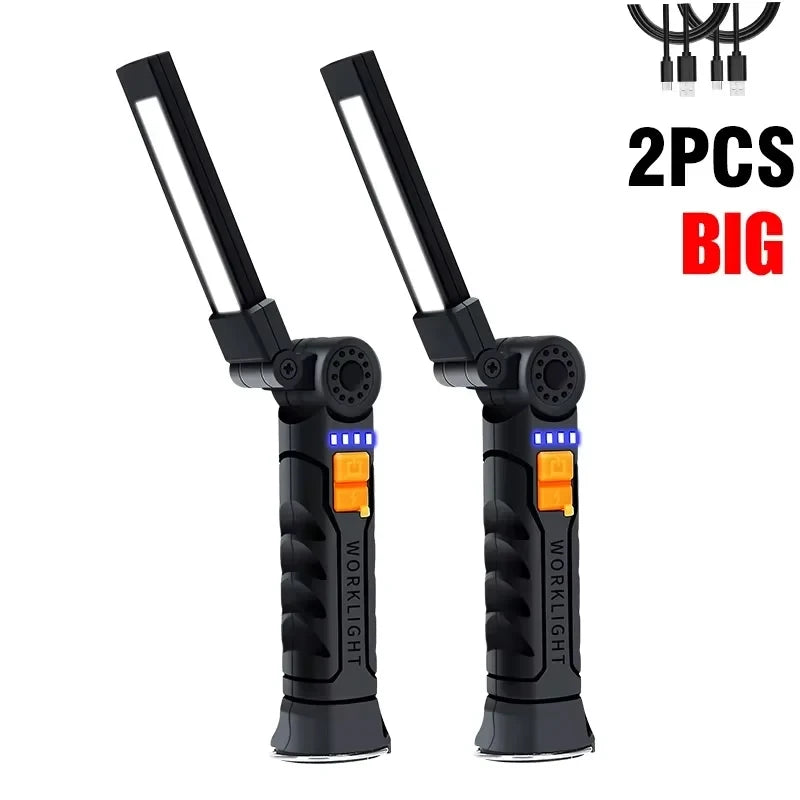 Portable COB LED Lantern, USB Rechargeable Work Light, Magnetic Hanging Lamp with Built-in Battery, Camping Flashlight