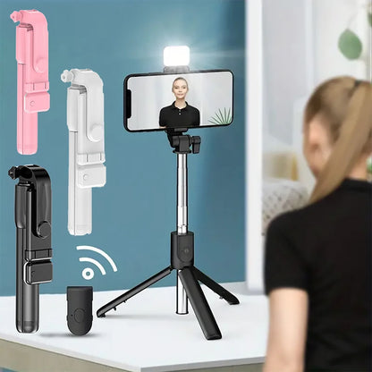 Portable tripod support with Bluetooth Selfie stick, fill light with remote shutter, extendable wireless remote retractable phone holder