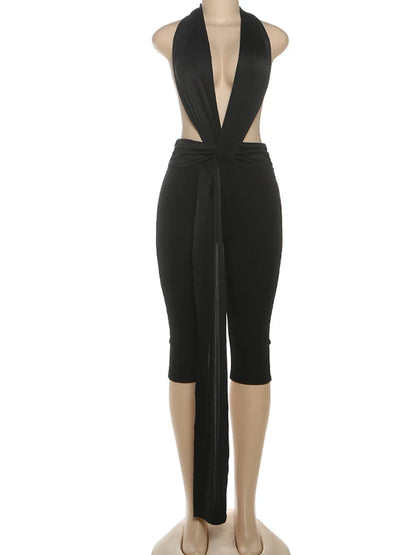 Strange Cat Patchwork Halter Romper Women Sleeveless Ribbon Elastic Backless Workout Activewear Midnight Activity Skinny Jumpsuits