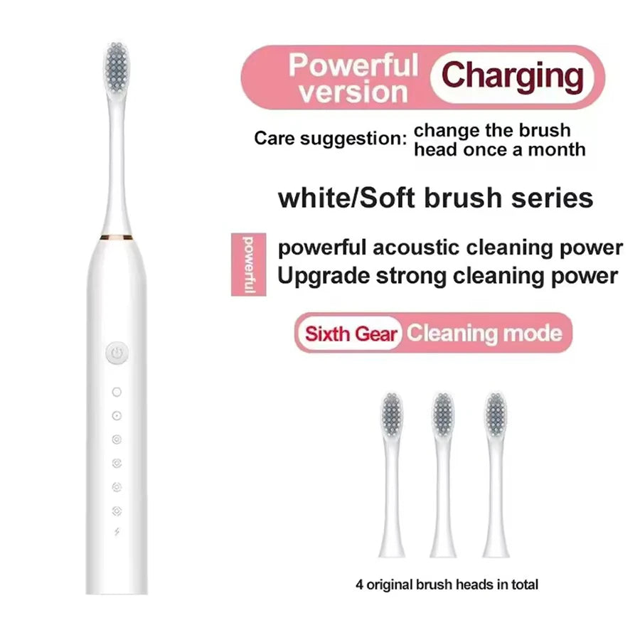 Cepillo de dientes eléctrico ultrasónico, modo de seis velocidades, pelo suave para el hogar, carga USB, limpiador de dientes impermeable para adultos, juego automático para parejas