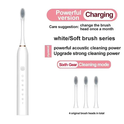 Cepillo de dientes eléctrico ultrasónico, modo de seis velocidades, pelo suave para el hogar, carga USB, limpiador de dientes impermeable para adultos, juego automático para parejas