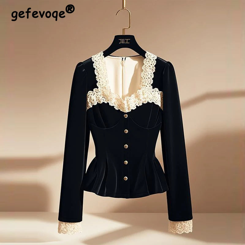 Blusas de retazos de encaje de estilo francés Vintage con estilo para mujer, camisas ajustadas elegantes de lujo con cuello cuadrado, Tops negros de manga larga