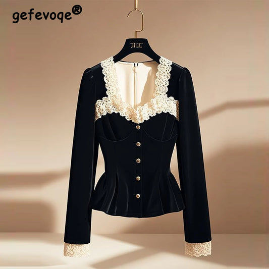 Blusas de retazos de encaje de estilo francés Vintage con estilo para mujer, camisas ajustadas elegantes de lujo con cuello cuadrado, Tops negros de manga larga