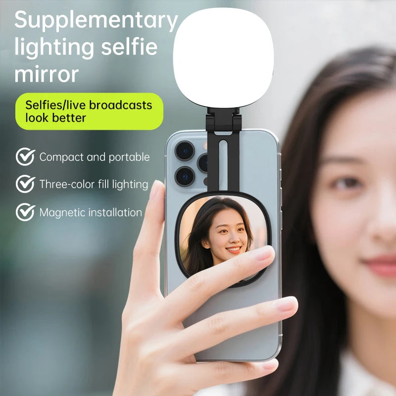 Espejo Magnético para Selfies con Luz de Relleno Bicolor | Mini, Ajustable, Reversible