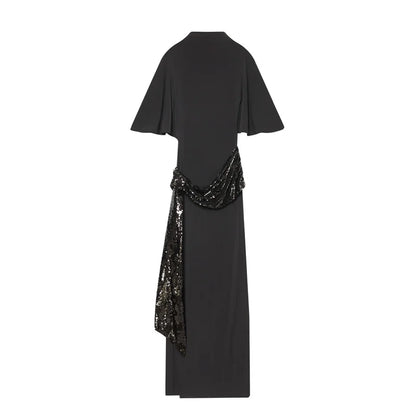 Women's Sequin Patchwork Backless Maxi Dress, Elegant Wide-Sleeved Long Dresses, New Fashion Female Dresses for Evening Party, Daily Gowns