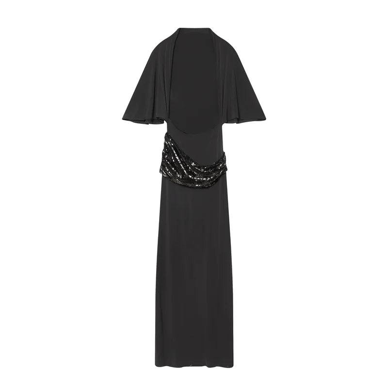 Women's Sequin Patchwork Backless Maxi Dress, Elegant Wide-Sleeved Long Dresses, New Fashion Female Dresses for Evening Party, Daily Gowns
