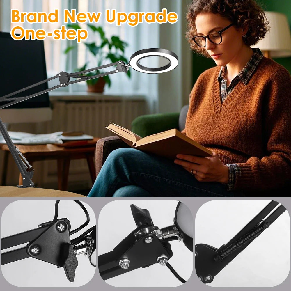 Lupa LED 72 Luces con Brazo Articulado – Aumento 8X/10X, 3 Modos de Color, USB