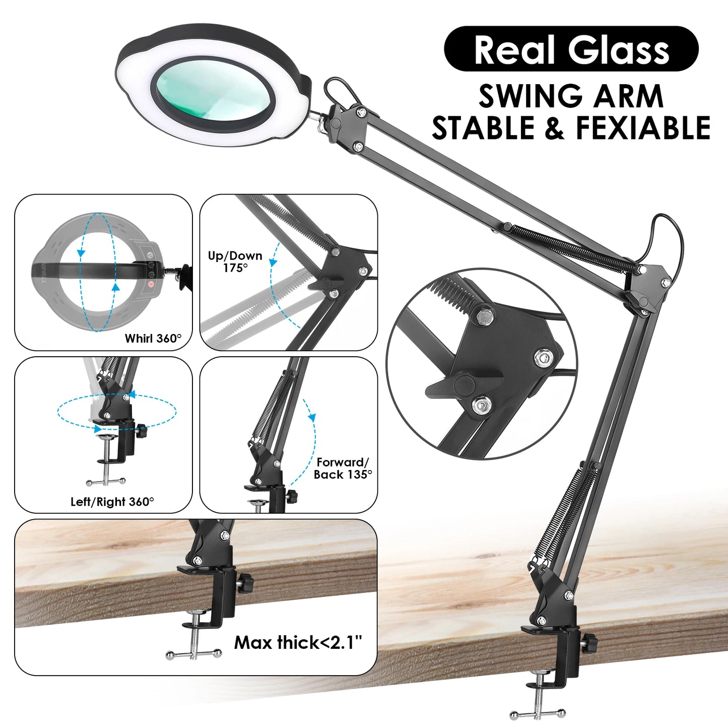 Lupa LED 72 Luces con Brazo Articulado – Aumento 8X/10X, 3 Modos de Color, USB