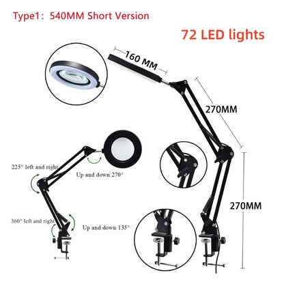 Lupa LED 72 Luces con Brazo Articulado – Aumento 8X/10X, 3 Modos de Color, USB