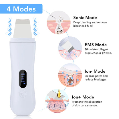 Depurador ultrasónico de la piel, espátula para la piel, limpieza Facial profunda de iones, 4 modos de levantamiento Facial, limpiador ultrasónico, dispositivo de cuidado de la piel