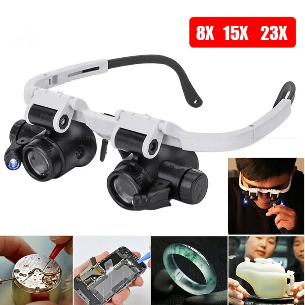 2XLED Watch Jewelry Repair Magnifier Head-mounted Headband Magnifying Glasses Adjustable Lens 8X 15X 23X
