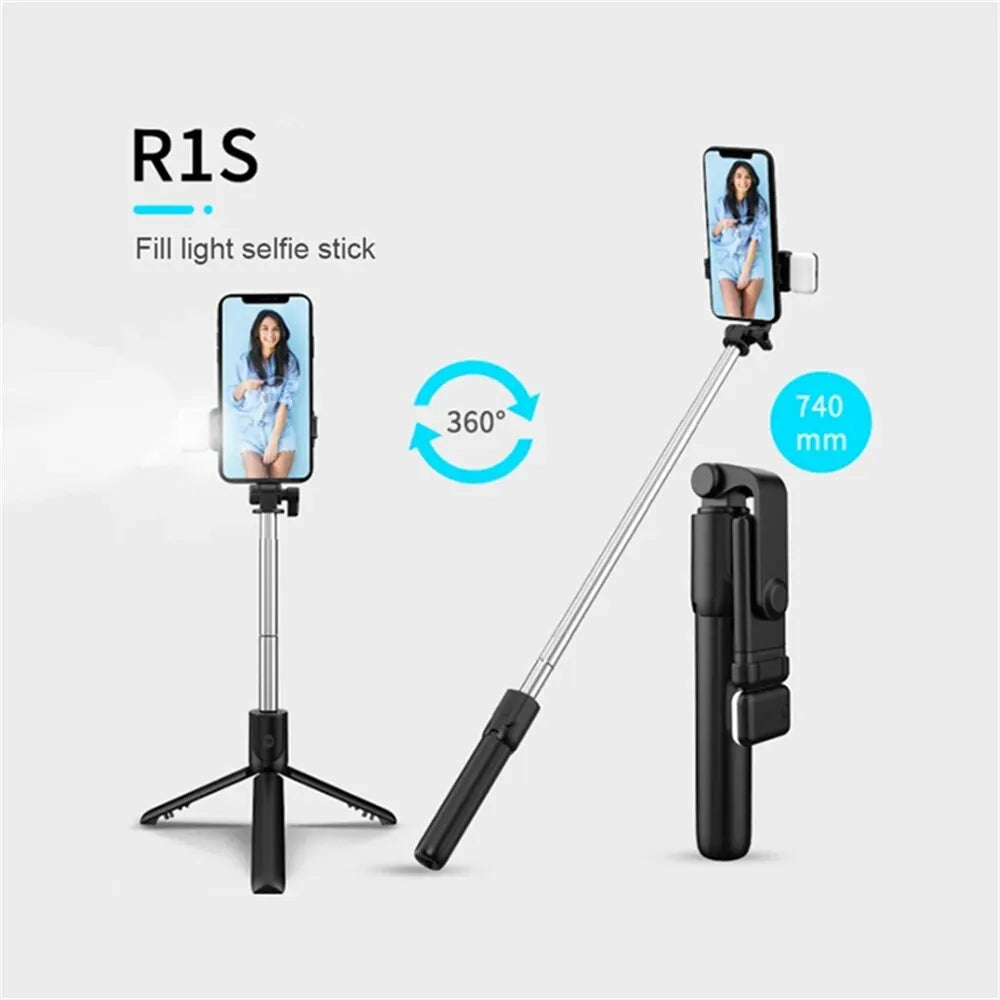 Portable tripod support with Bluetooth Selfie stick, fill light with remote shutter, extendable wireless remote retractable phone holder
