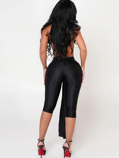 Strange Cat Patchwork Halter Romper Women Sleeveless Ribbon Elastic Backless Workout Activewear Midnight Activity Skinny Jumpsuits