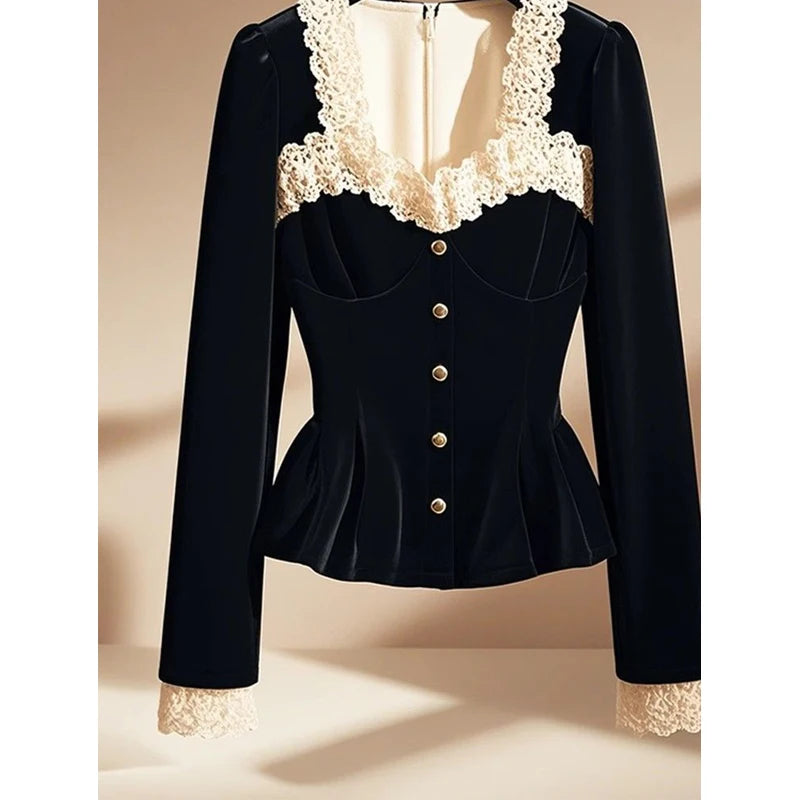 Blusas de retazos de encaje de estilo francés Vintage con estilo para mujer, camisas ajustadas elegantes de lujo con cuello cuadrado, Tops negros de manga larga