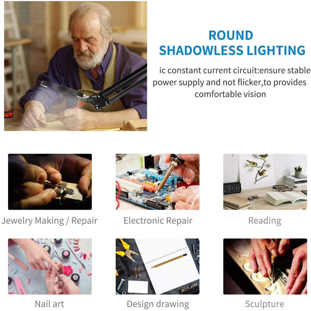 Lupa LED 72 Luces con Brazo Articulado – Aumento 8X/10X, 3 Modos de Color, USB