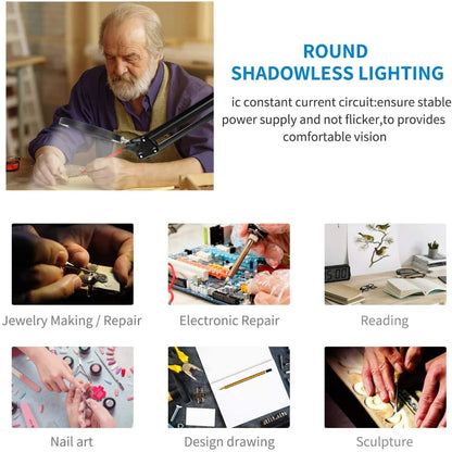 Lupa LED 72 Luces con Brazo Articulado – Aumento 8X/10X, 3 Modos de Color, USB