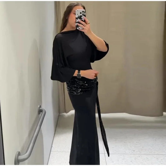 Women's Sequin Patchwork Backless Maxi Dress, Elegant Wide-Sleeved Long Dresses, New Fashion Female Dresses for Evening Party, Daily Gowns