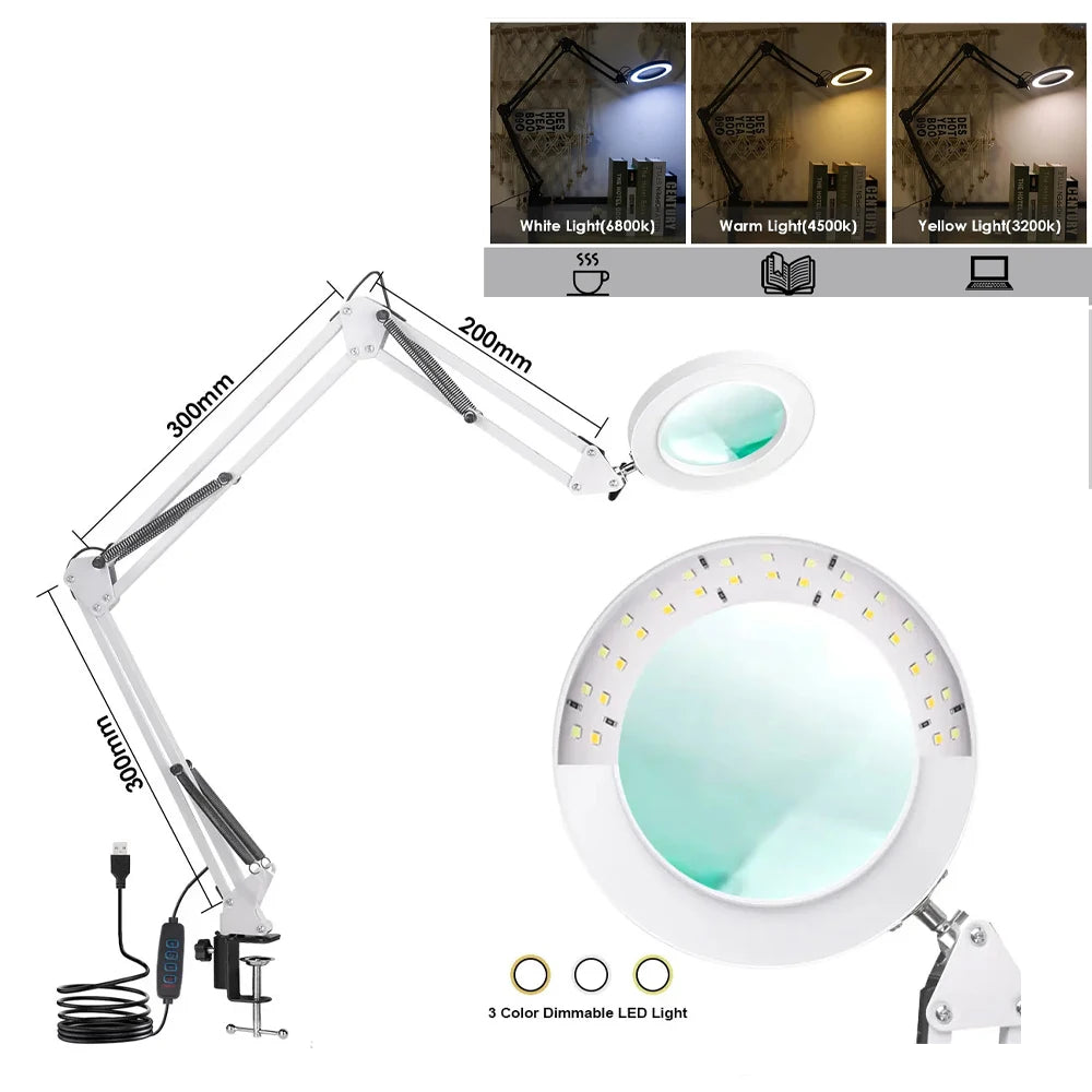 Lupa LED 72 Luces con Brazo Articulado – Aumento 8X/10X, 3 Modos de Color, USB