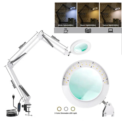 Lupa LED 72 Luces con Brazo Articulado – Aumento 8X/10X, 3 Modos de Color, USB