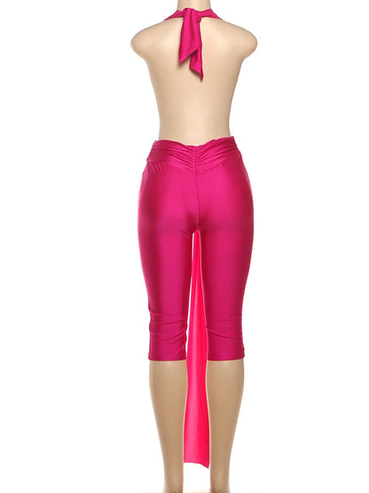 Strange Cat Patchwork Halter Romper Women Sleeveless Ribbon Elastic Backless Workout Activewear Midnight Activity Skinny Jumpsuits