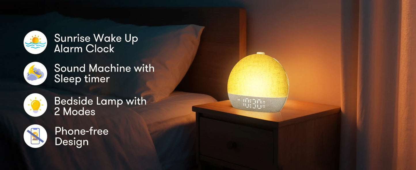 Despertador con Luz de Amanecer | 30 Sonidos, Luz RGB y Temporizador