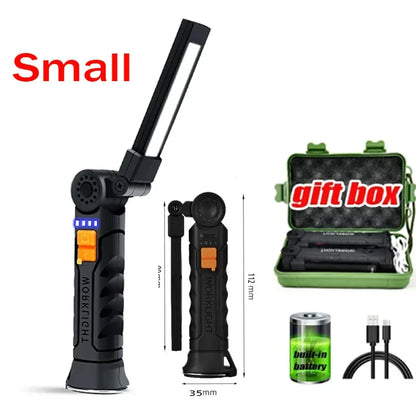 Portable COB LED Lantern, USB Rechargeable Work Light, Magnetic Hanging Lamp with Built-in Battery, Camping Flashlight