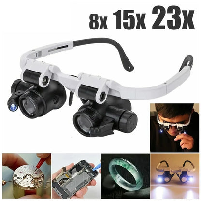 2XLED Watch Jewelry Repair Magnifier Head-mounted Headband Magnifying Glasses Adjustable Lens 8X 15X 23X