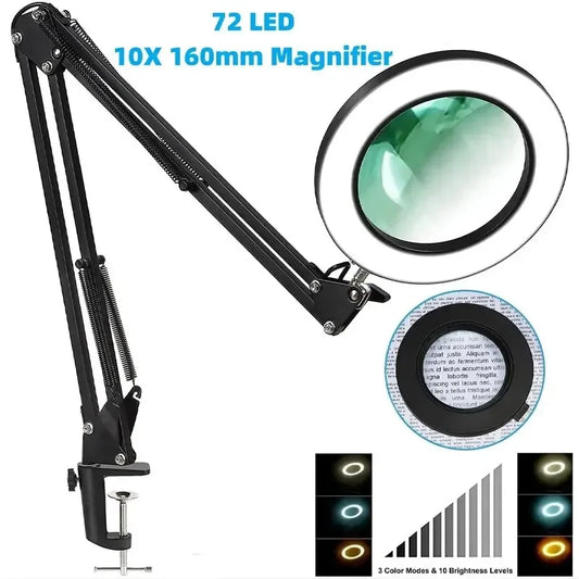 Lupa LED 72 Luces con Brazo Articulado – Aumento 8X/10X, 3 Modos de Color, USB