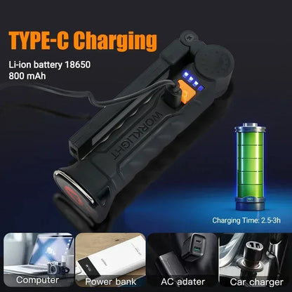 Portable COB LED Lantern, USB Rechargeable Work Light, Magnetic Hanging Lamp with Built-in Battery, Camping Flashlight