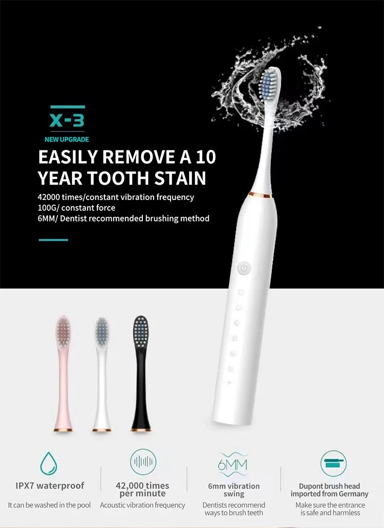 Cepillo de dientes eléctrico ultrasónico, modo de seis velocidades, pelo suave para el hogar, carga USB, limpiador de dientes impermeable para adultos, juego automático para parejas