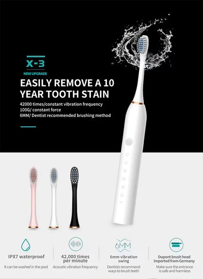 Cepillo de dientes eléctrico ultrasónico, modo de seis velocidades, pelo suave para el hogar, carga USB, limpiador de dientes impermeable para adultos, juego automático para parejas