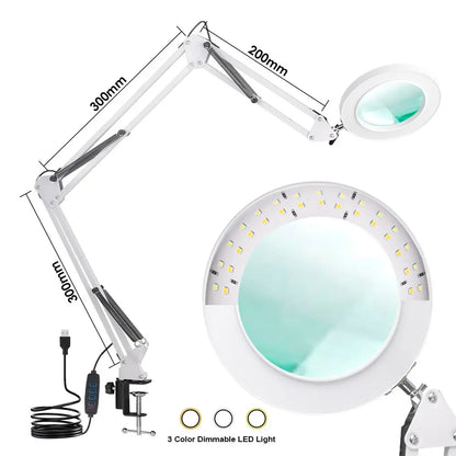 Lupa LED 72 Luces con Brazo Articulado – Aumento 8X/10X, 3 Modos de Color, USB