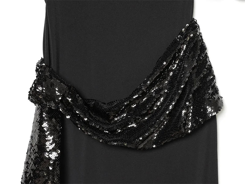 Women's Sequin Patchwork Backless Maxi Dress, Elegant Wide-Sleeved Long Dresses, New Fashion Female Dresses for Evening Party, Daily Gowns