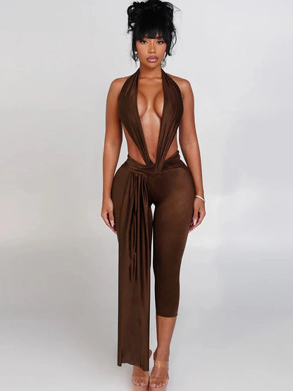 Strange Cat Patchwork Halter Romper Women Sleeveless Ribbon Elastic Backless Workout Activewear Midnight Activity Skinny Jumpsuits