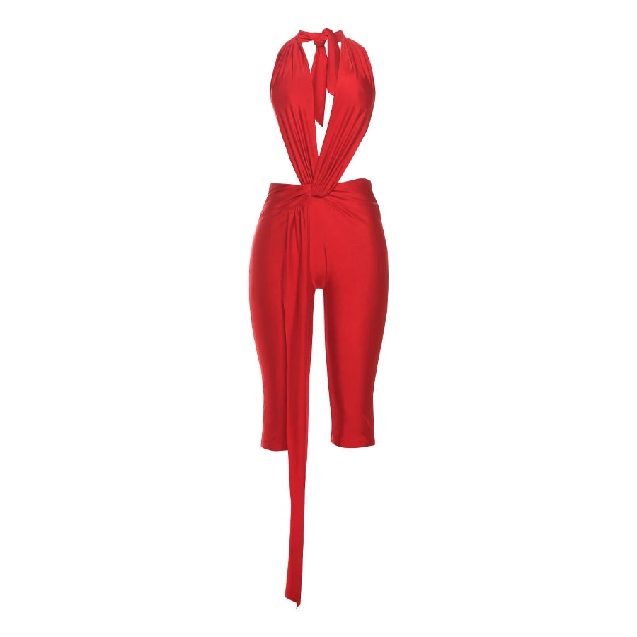 Strange Cat Patchwork Halter Romper Women Sleeveless Ribbon Elastic Backless Workout Activewear Midnight Activity Skinny Jumpsuits