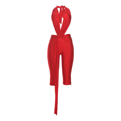 Strange Cat Patchwork Halter Romper Women Sleeveless Ribbon Elastic Backless Workout Activewear Midnight Activity Skinny Jumpsuits