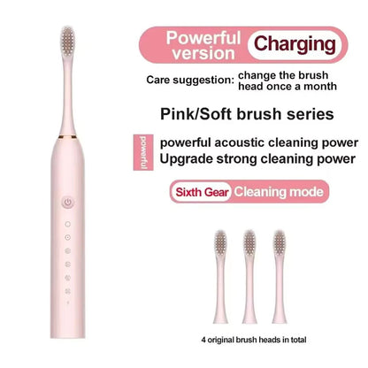 Cepillo de dientes eléctrico ultrasónico, modo de seis velocidades, pelo suave para el hogar, carga USB, limpiador de dientes impermeable para adultos, juego automático para parejas