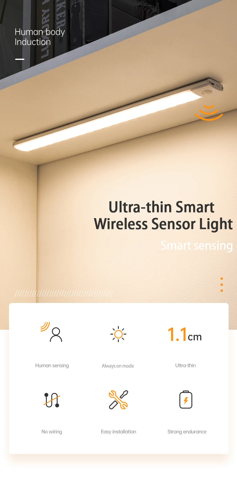 Wireless LED Night Light with Motion Sensor, USB Rechargeable Night Lamp for Wardrobe, Under Cabinet Lighting for Kitchen