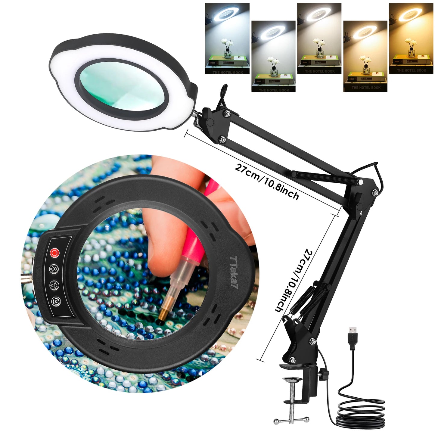 Lupa LED 72 Luces con Brazo Articulado – Aumento 8X/10X, 3 Modos de Color, USB