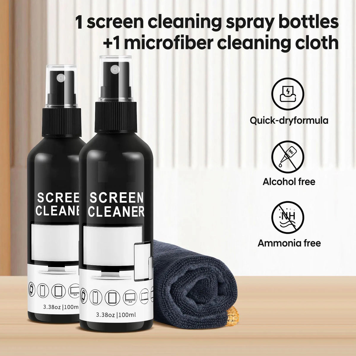 Kit de Limpieza de Pantallas - Spray Limpiador de Vidrio y Paño de Microfibra, Apto para una Variedad de Vidrios, Lentes de Cámara