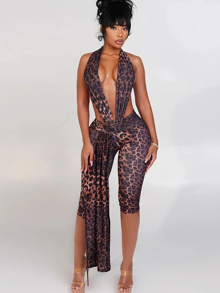 Strange Cat Patchwork Halter Romper Women Sleeveless Ribbon Elastic Backless Workout Activewear Midnight Activity Skinny Jumpsuits