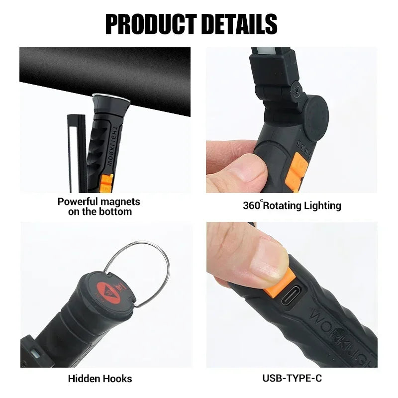 Portable COB LED Lantern, USB Rechargeable Work Light, Magnetic Hanging Lamp with Built-in Battery, Camping Flashlight