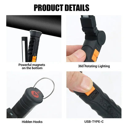 Portable COB LED Lantern, USB Rechargeable Work Light, Magnetic Hanging Lamp with Built-in Battery, Camping Flashlight