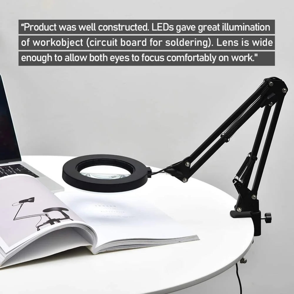 Lupa LED 72 Luces con Brazo Articulado – Aumento 8X/10X, 3 Modos de Color, USB