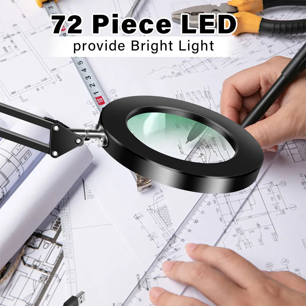 Lupa LED 72 Luces con Brazo Articulado – Aumento 8X/10X, 3 Modos de Color, USB